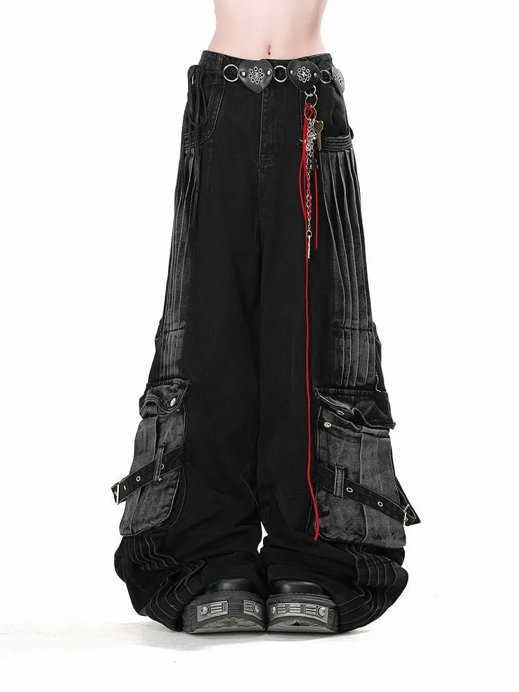 Pockets Black Wide-Leg Jeans Faded Wash Cargo Loose Acubi Fashion