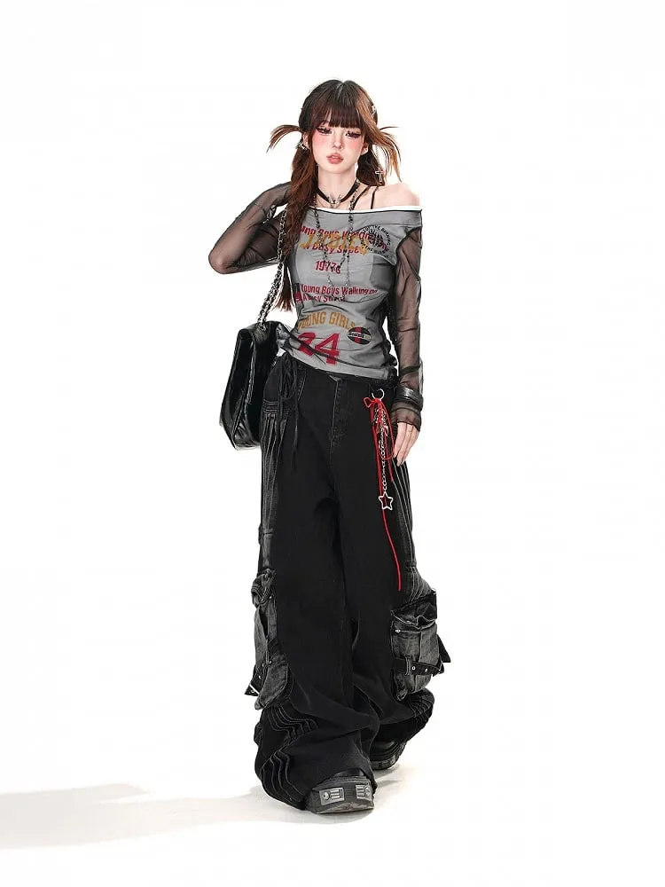 Pockets Black Wide-Leg Jeans Faded Wash Cargo Loose Acubi Fashion