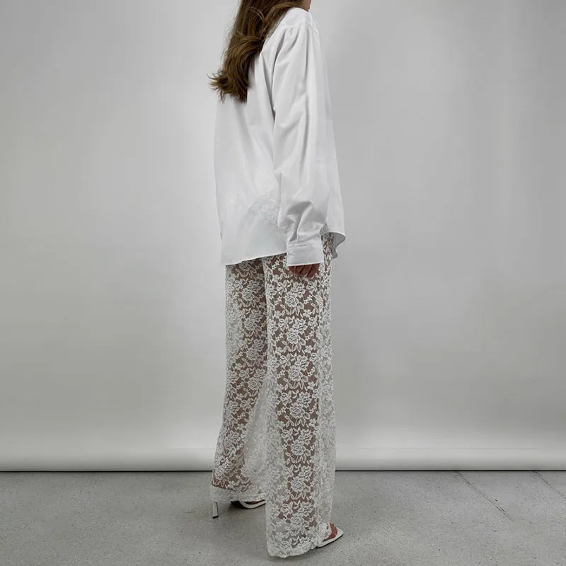 REALAIOT 2025 style cross-border summer hot-selling new products, sexy versatile lace perspective high-waisted splicing long straight pants