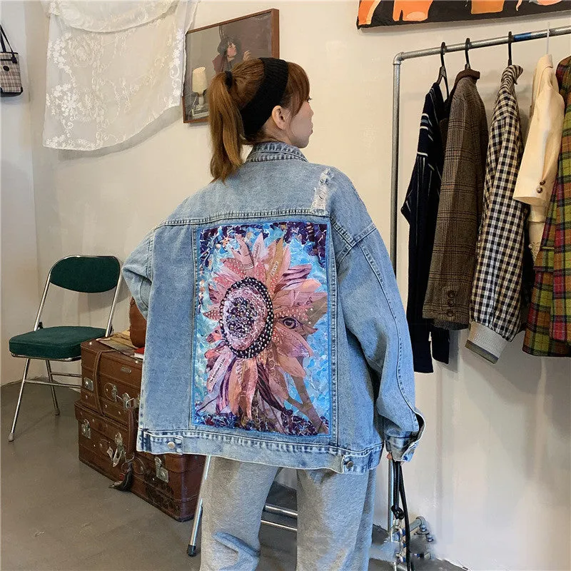 Retro Ripped Daisy Motorcycle Denim Jacket