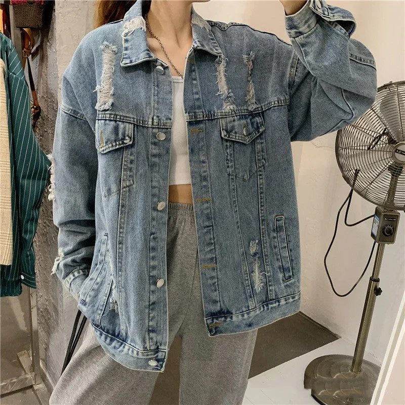 Retro Ripped Daisy Motorcycle Denim Jacket