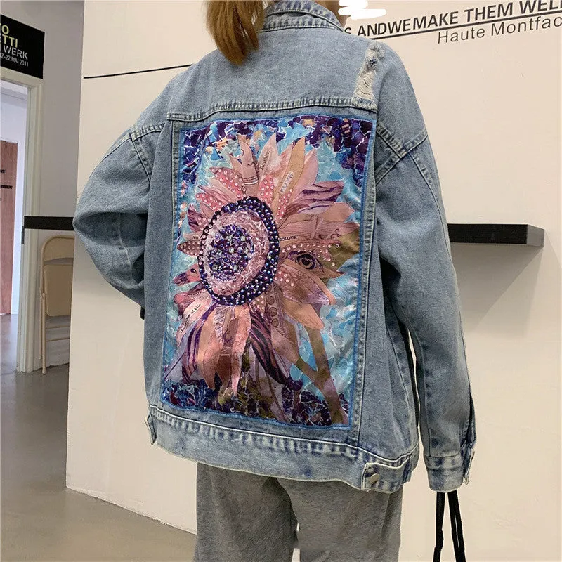 Retro Ripped Daisy Motorcycle Denim Jacket