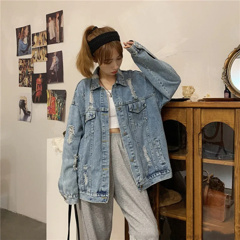 Retro Ripped Daisy Motorcycle Denim Jacket