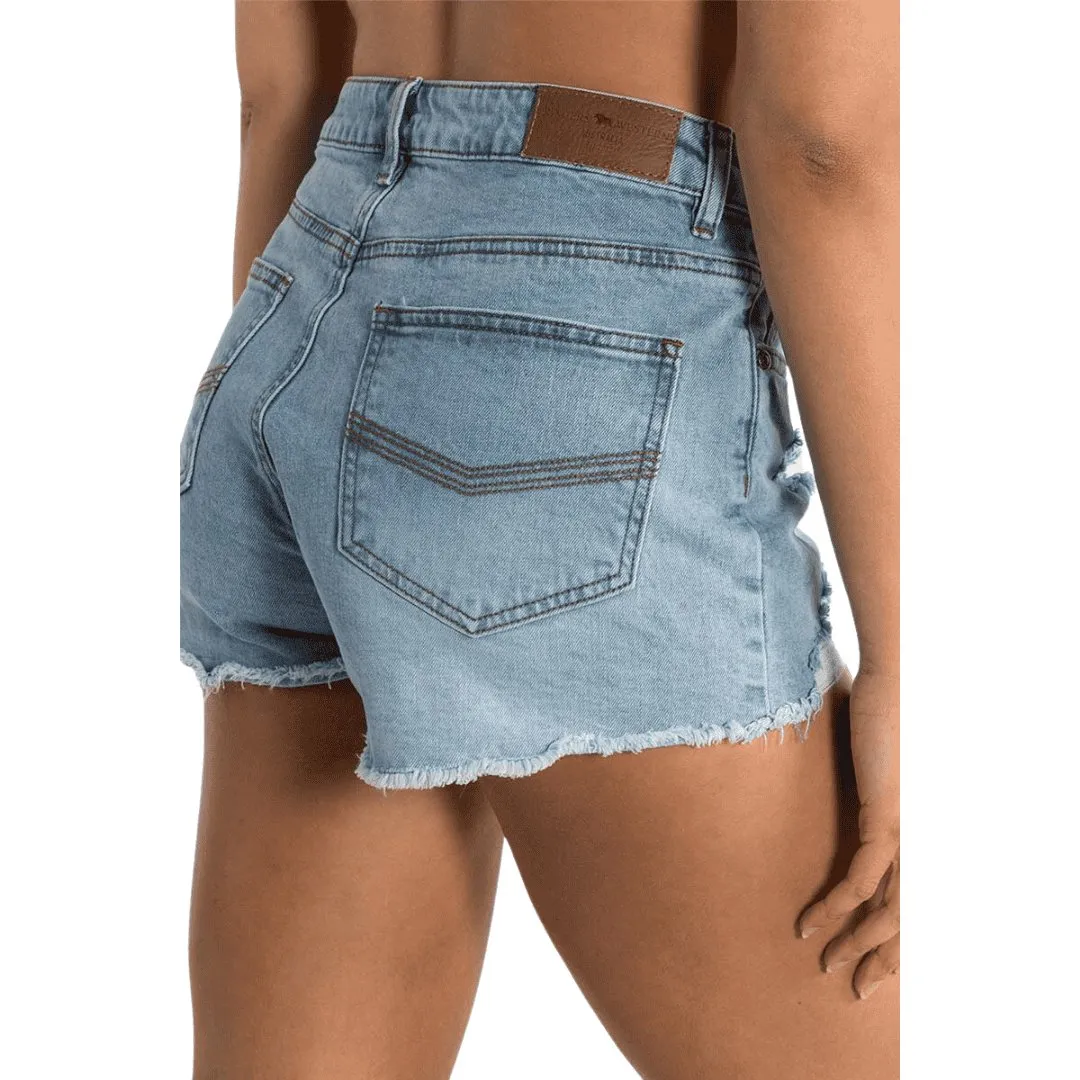 RINGERS WESTERN JESSIE WOMENS MID RISE RIPPED DENIM SHORT VINTAGE LIGHT BLUE