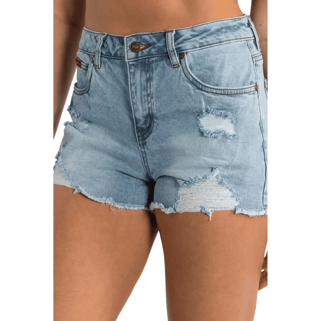 RINGERS WESTERN JESSIE WOMENS MID RISE RIPPED DENIM SHORT VINTAGE LIGHT BLUE