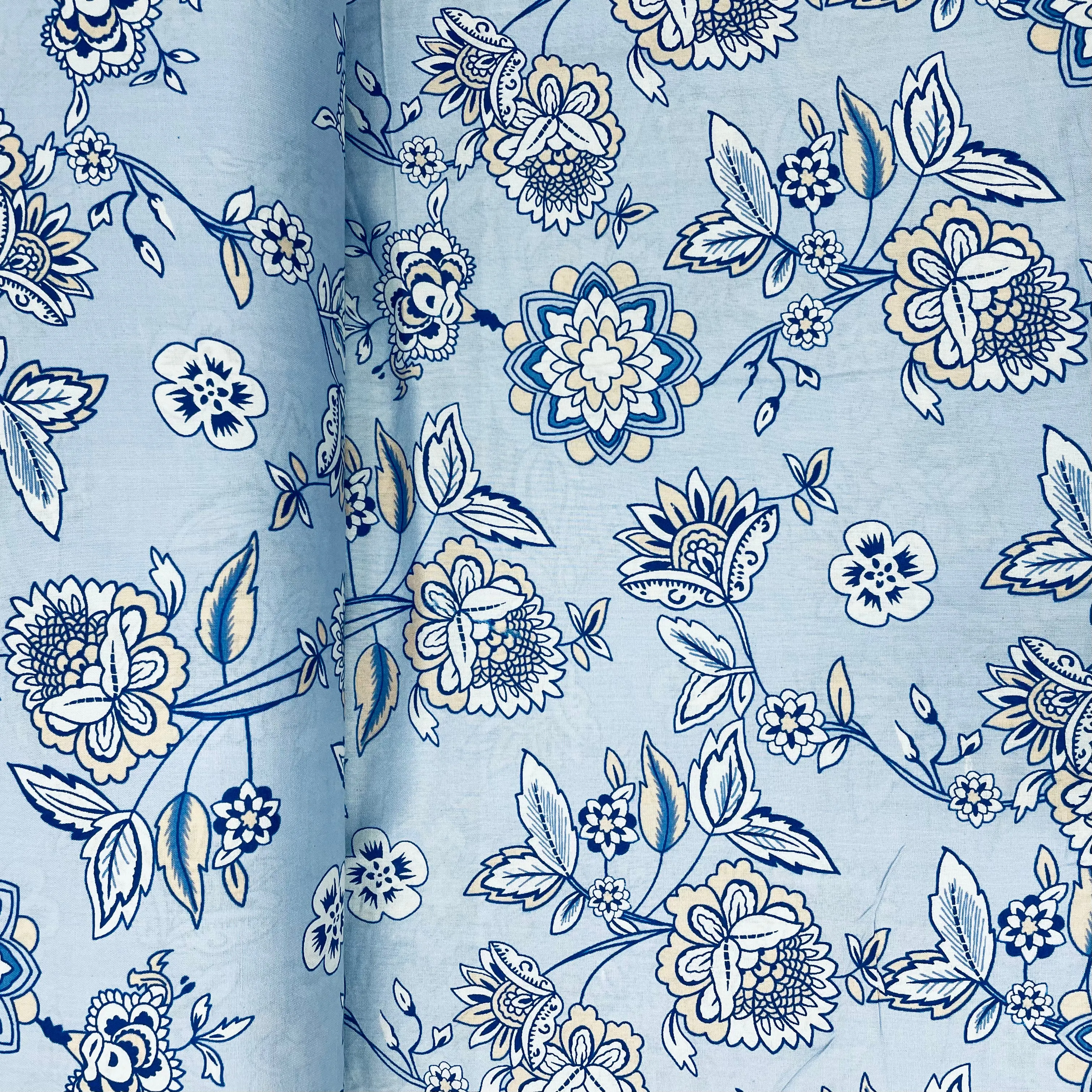 Sky Blue With Blue Floral Print Rayon Fabric