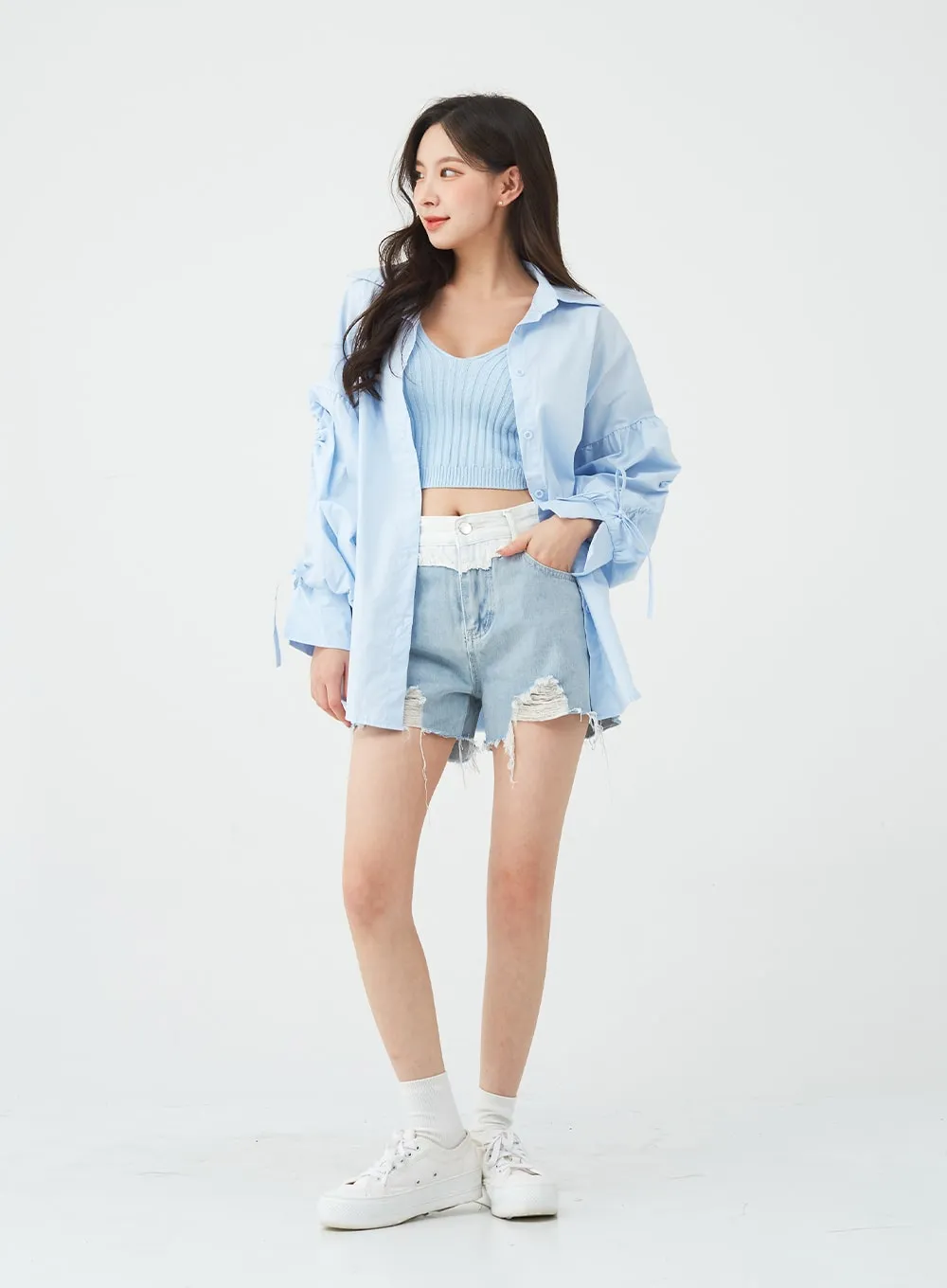 Two-Tone Distressed Denim Shorts BG12