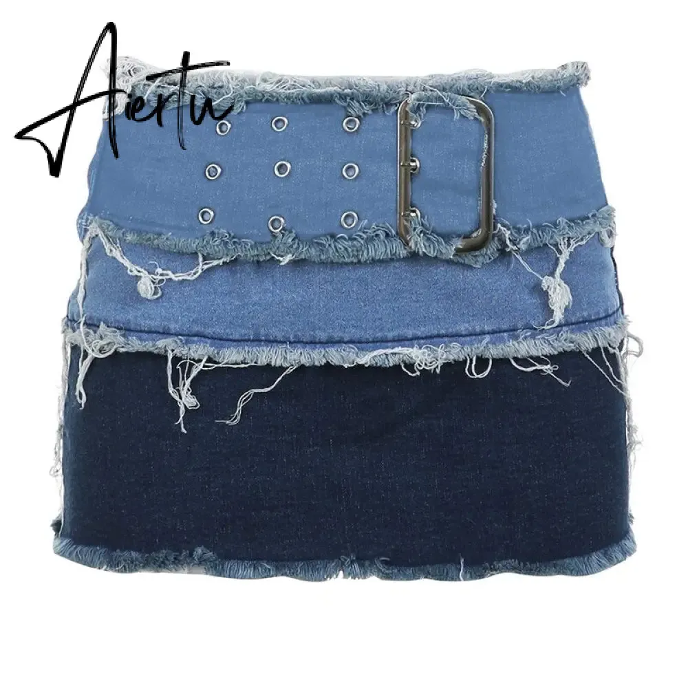 Vintage Ripped Denim Skirt Belt Patchwork y2k Aesthetic Low Rise Skinny Mini Skirts Women Sexy Streetwear Skirts Grunge