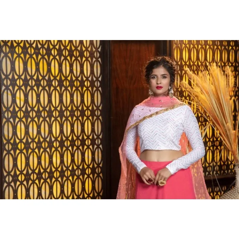 White & Pink Embroidered Semi-Stitched Lehenga & Unstitched Blouse with Dupatta