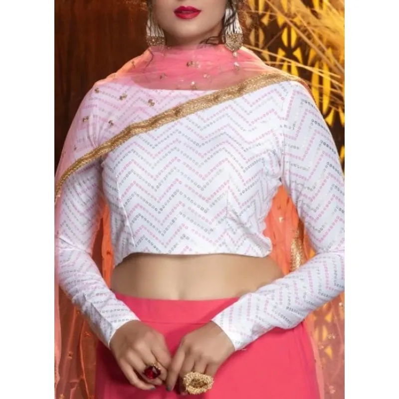White & Pink Embroidered Semi-Stitched Lehenga & Unstitched Blouse with Dupatta