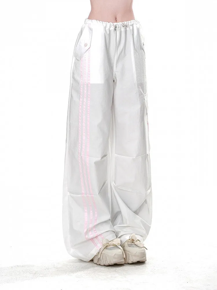 White Drawstring Waist Cargo Loose Straight-Leg Pants Pockets