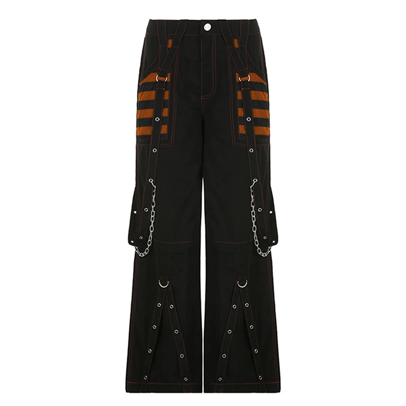 Women Cargo Jeans Striped Zipper Button Closure Loose Casual Trousers Streetwear with Pockets Fall Spring Clothes Punk Y2K 90s