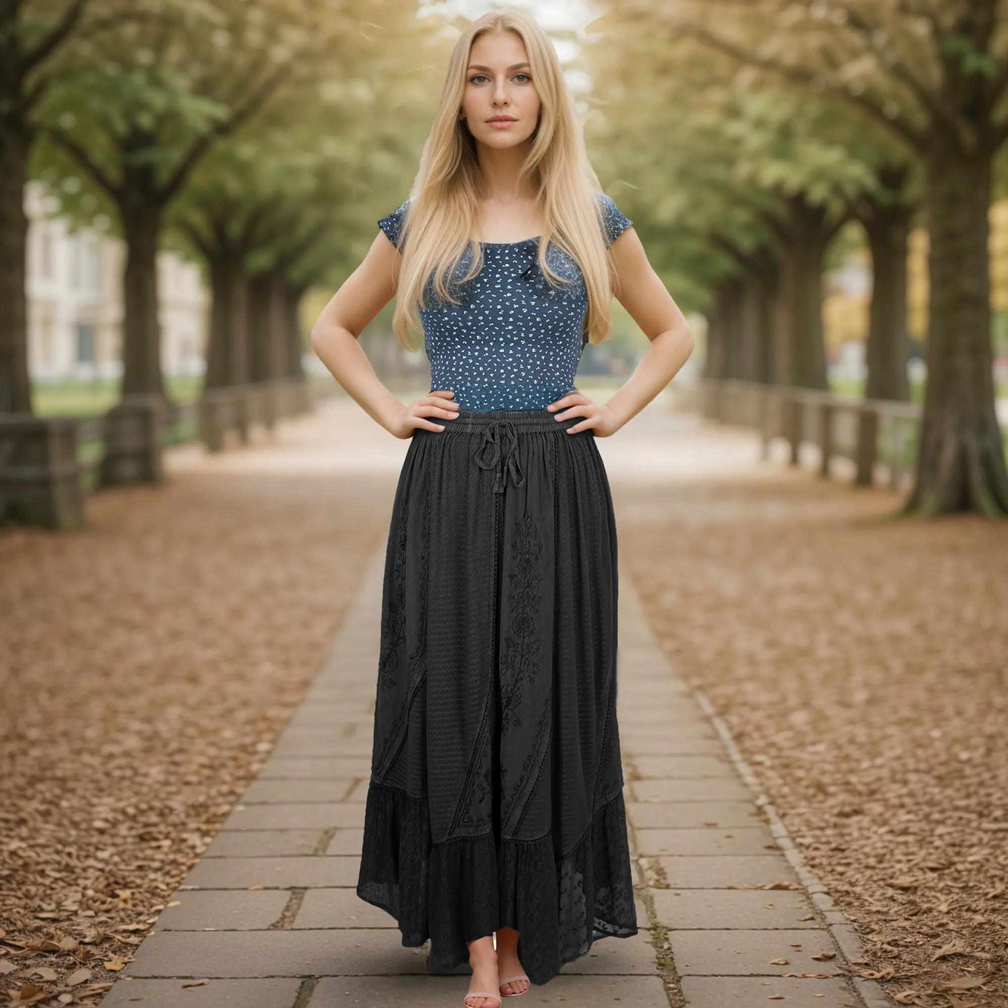Women's Boho 954 SKT Medieval Flared Hem A Line Embroidered Long Maxi Skirt