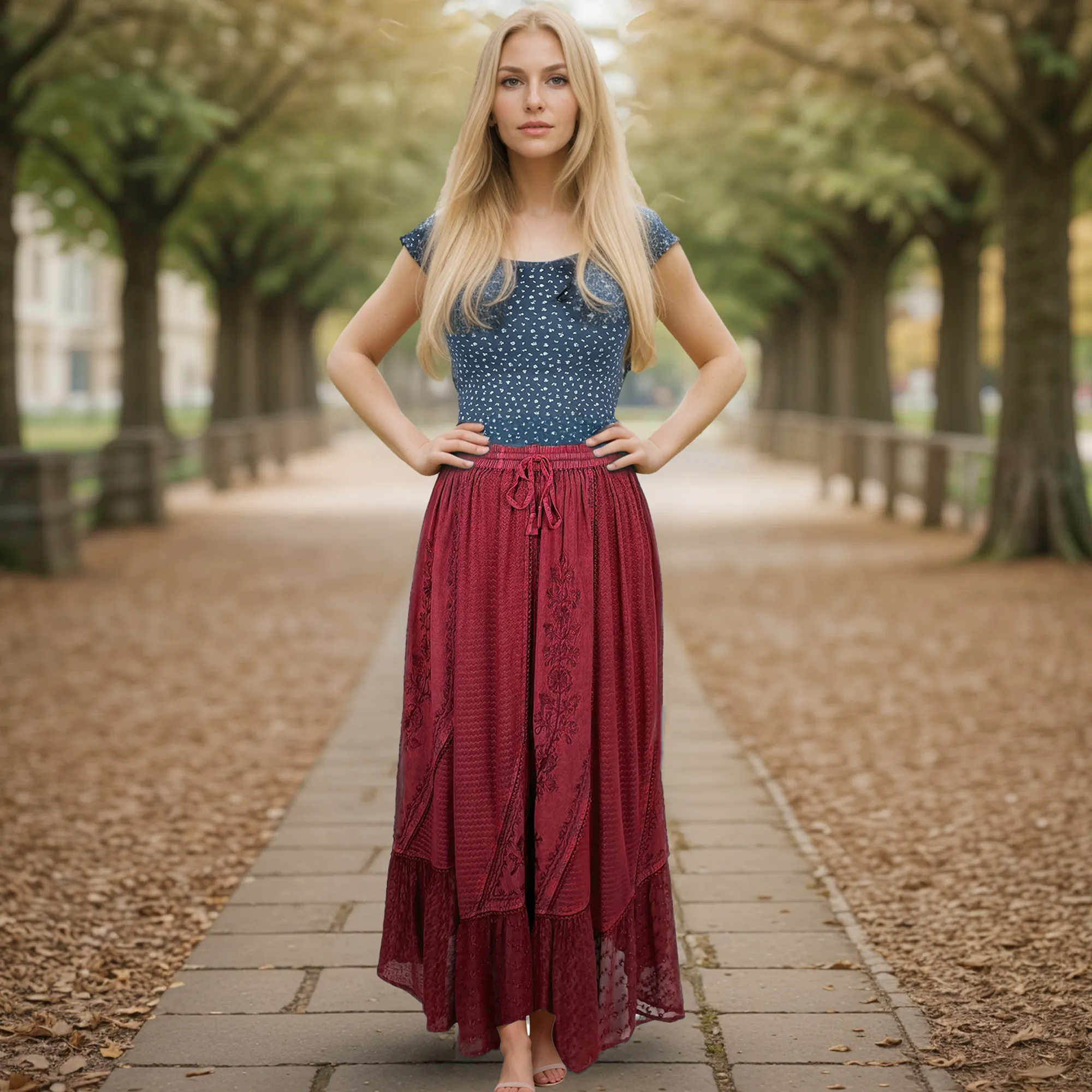 Women's Boho 954 SKT Medieval Flared Hem A Line Embroidered Long Maxi Skirt
