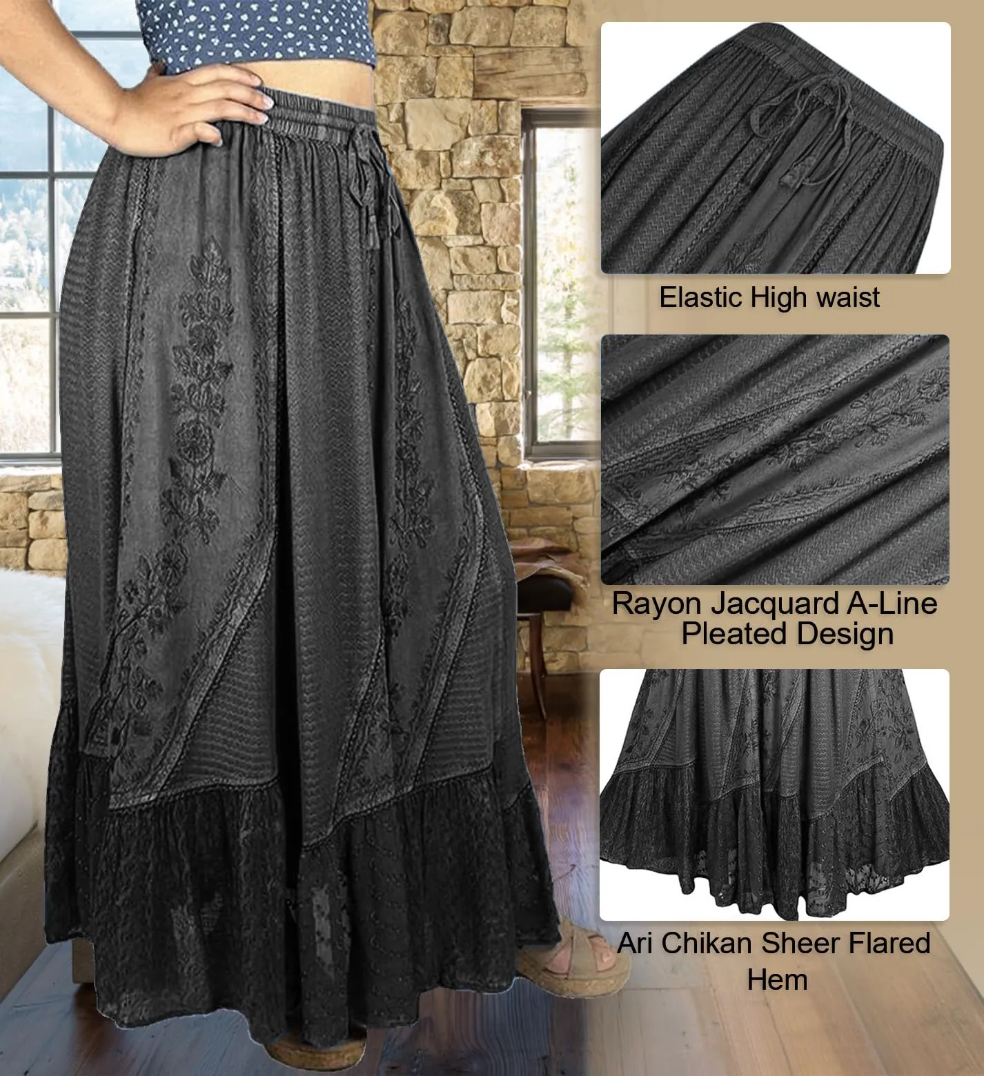 Women's Boho 954 SKT Medieval Flared Hem A Line Embroidered Long Maxi Skirt