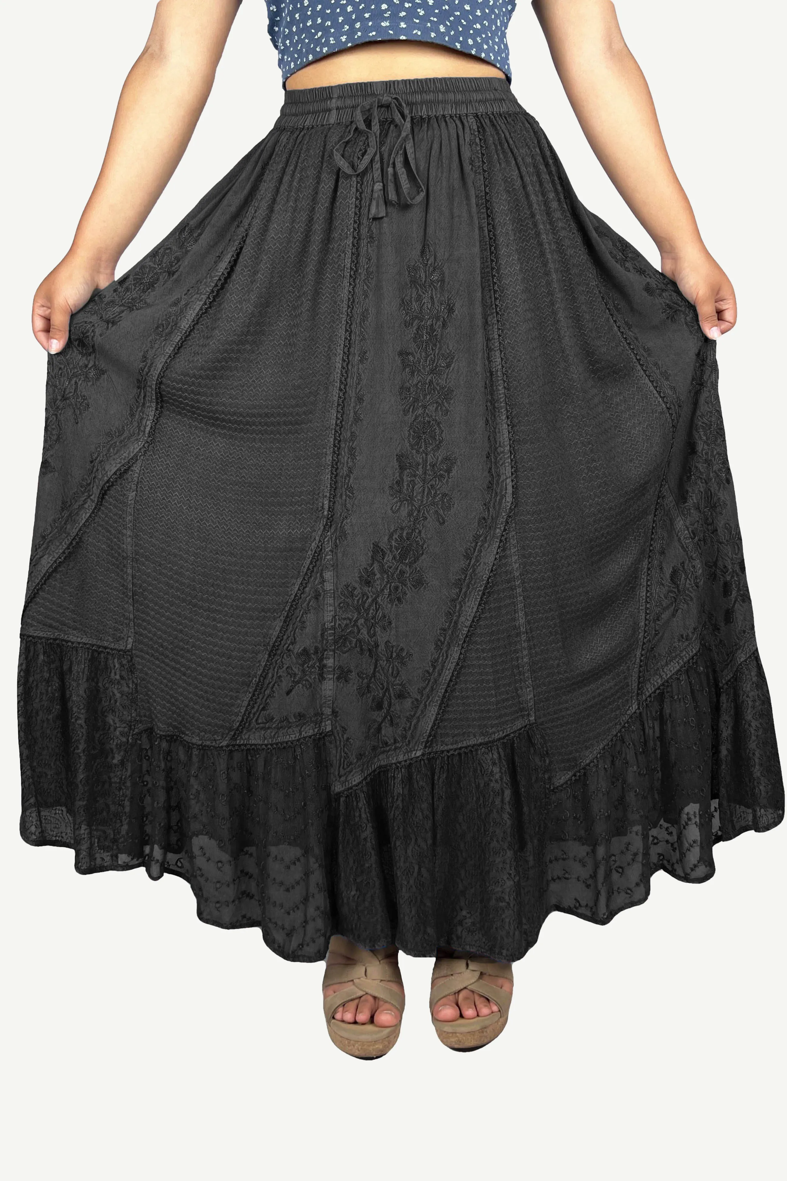 Women's Boho 954 SKT Medieval Flared Hem A Line Embroidered Long Maxi Skirt