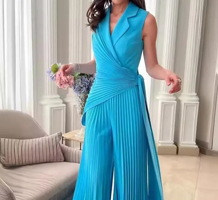 Women's Fashion Wide Leg Jumpsuit Pants New Collar Multi-Pleated Solid Color Female Outwear Summer   S73098