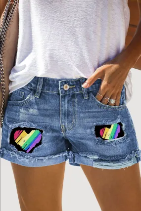 Women's Ripped Jeans Shorts Rainbow Heart Patch Frayed Raw Hem Denim Shorts