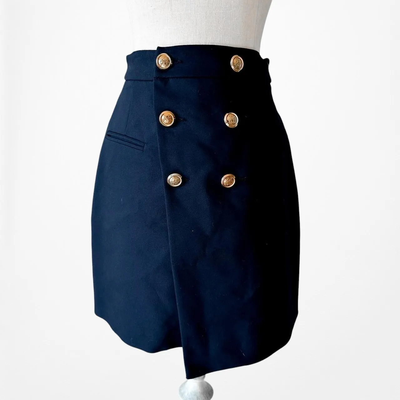 Zara High Waisted Navy Blue Button Front A-Line Wrap Mini Skirt Size XS/S